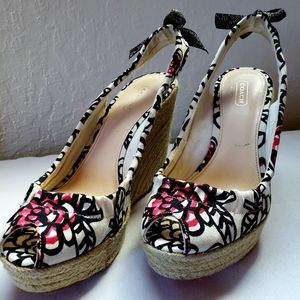 Coach Maritza Poppy Graffiti Canvas Peep Toe Wedge